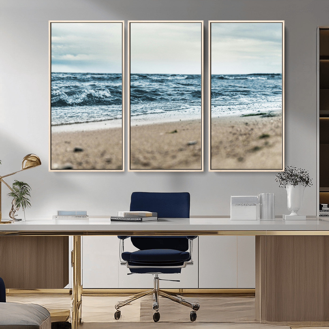 81812590-MGV-FC-48X32-3P_Natural-Ocean Wall Art Wall Art Canvas Print, Framed Coastal Canvas Art Picture Print, Moody Seascape Perfect Coastal Minimalist Decor