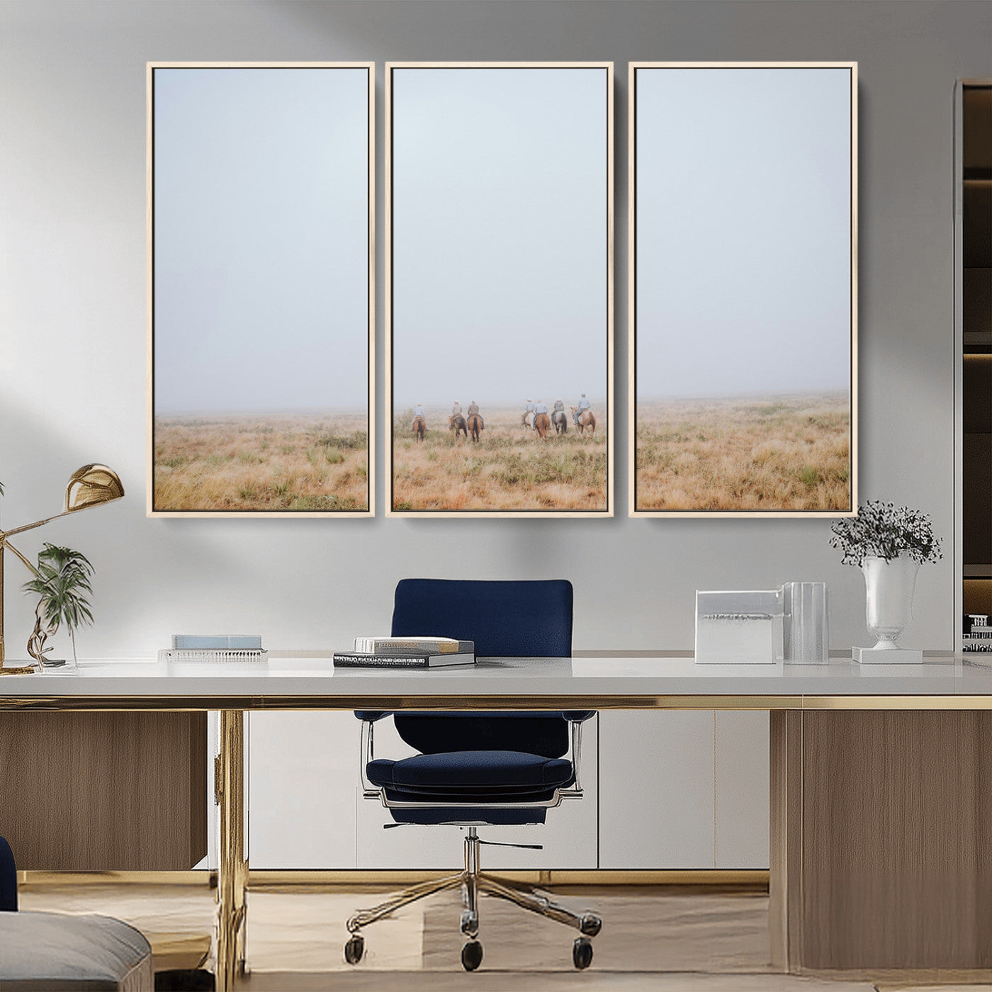 14761944-MGV-CV-36X24-Foggy Plains Wall Art Canvas Print, Framed Horseback Riders Art Picture Print, Rustic Western Perfect Rustic Western Decor Artwork