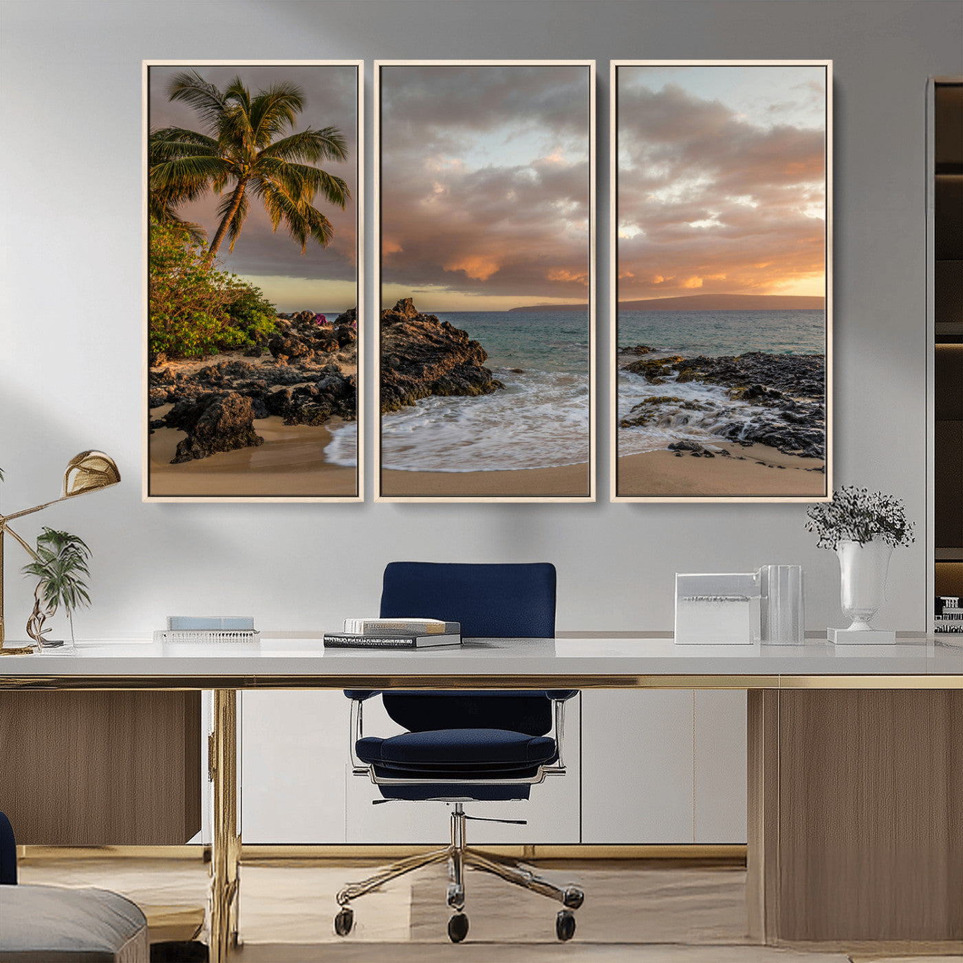 55108220-MGV-CV-36X24-Tropical Beach Wall Art Canvas Print, Framed Hawaiian Sunset Art Picture Print, Ocean Waves Perfect Coastal Tropical Decor Artwork