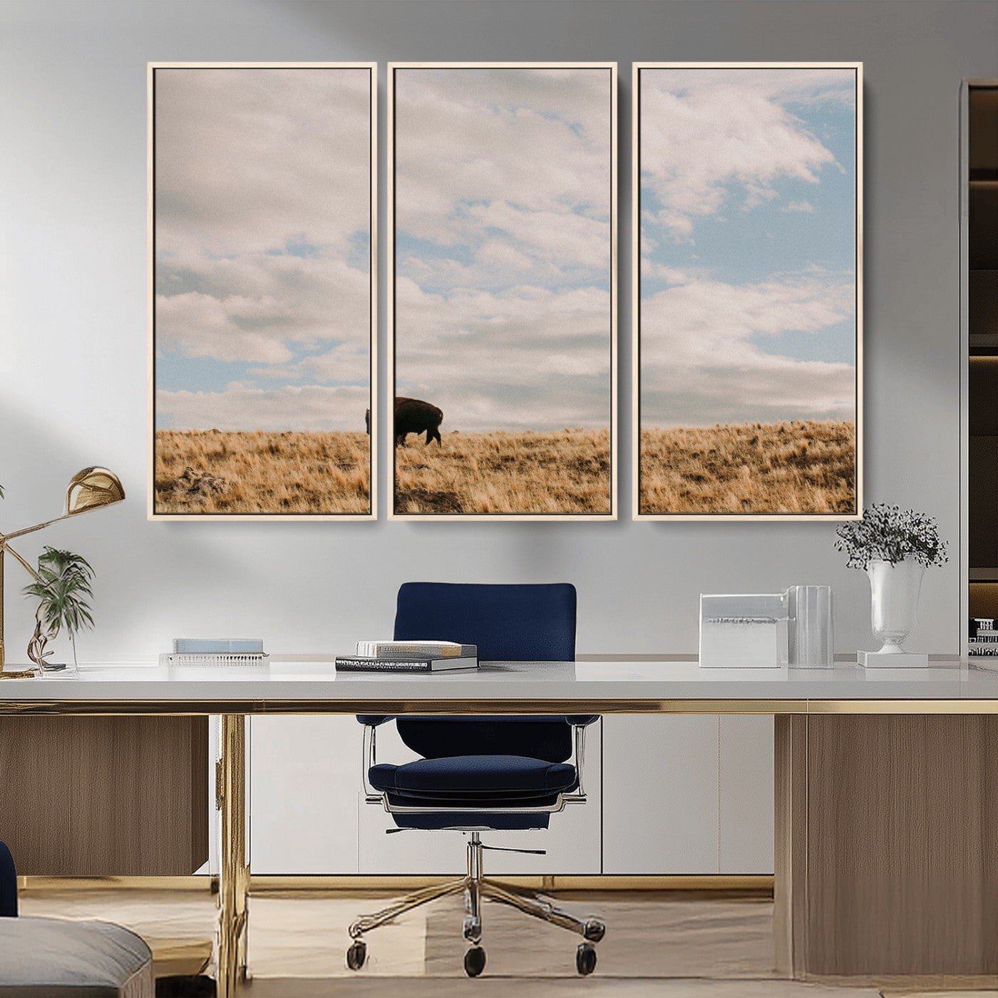 22754563-MGV-CV-36X24-Earthy Tones Wall Art Canvas Print, Framed Rustic Nature Art Picture Print, Solitary Buffalo Perfect Western Minimalist Decor