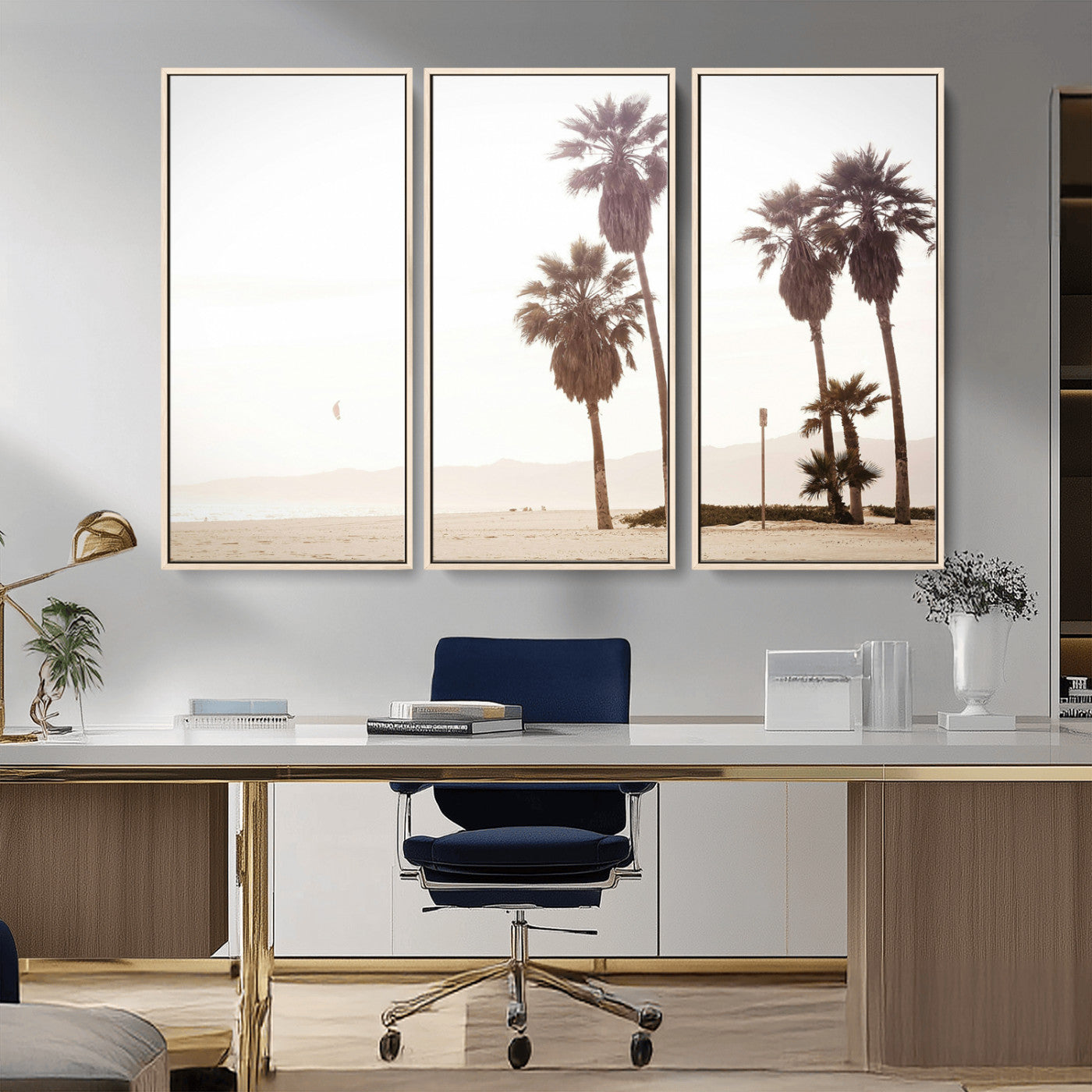 48255923-MGV-FC-48X32-3P_Natural-Coastal Light Wall Art Canvas Print, Framed Relaxing Shoreline Art Picture Print, Minimalist Ocean Perfect Tropical Serenity Decor