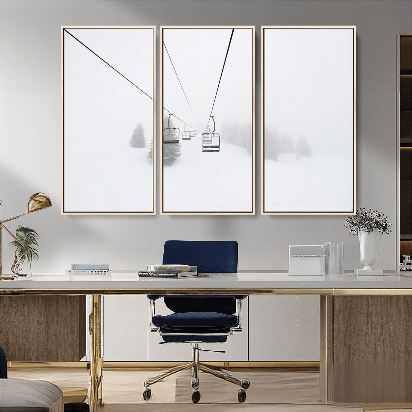 20216390-MGV-FC-48X32-3P_Natural-Ski Lift Wall Art Canvas Print, Framed Snowy Landscape Art Picture Print, Alpine Adventure Perfect Nordic Minimalist Decor Artwork