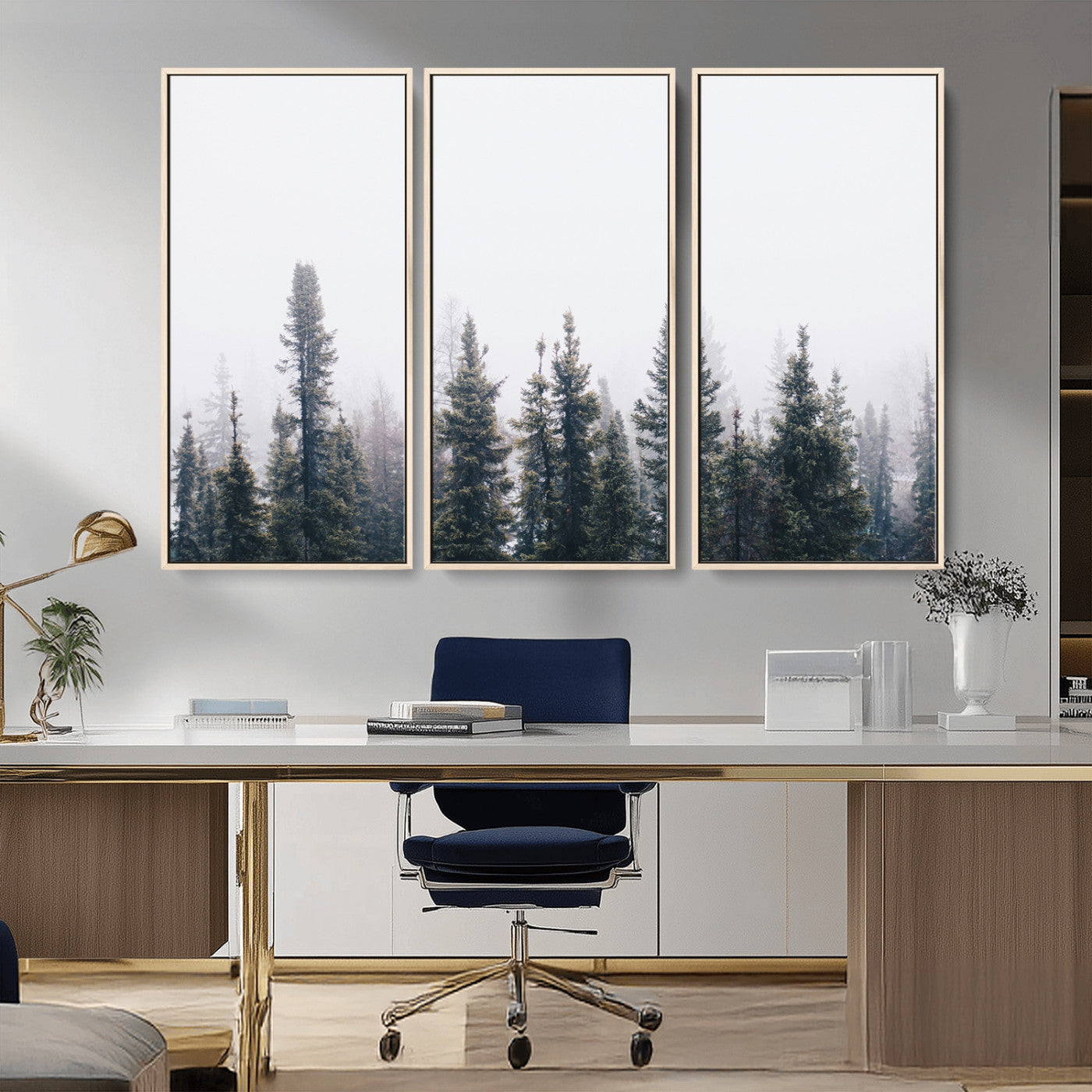 42364796-MGV-CV-36X24-Foggy Forest Wall Art Canvas Print, Framed Misty Pines Art Picture Print, Moody Woodland Perfect Scandinavian Minimalist Decor