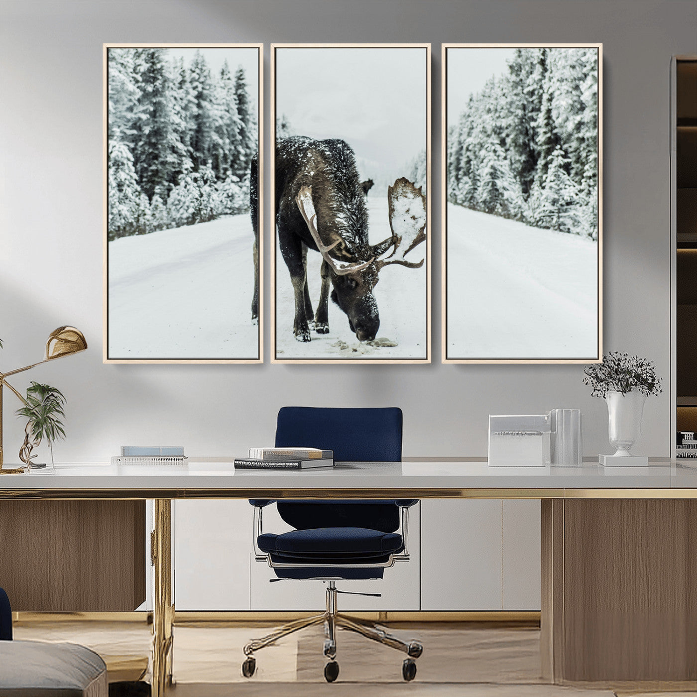 13316292-MGV-FC-48X32-3P_Natural-Moose in Snow Wall Art Canvas Print, Framed Winter Wildlife Art Picture Print, Snowy Forest Scene Perfect Rustic Lodge Decor