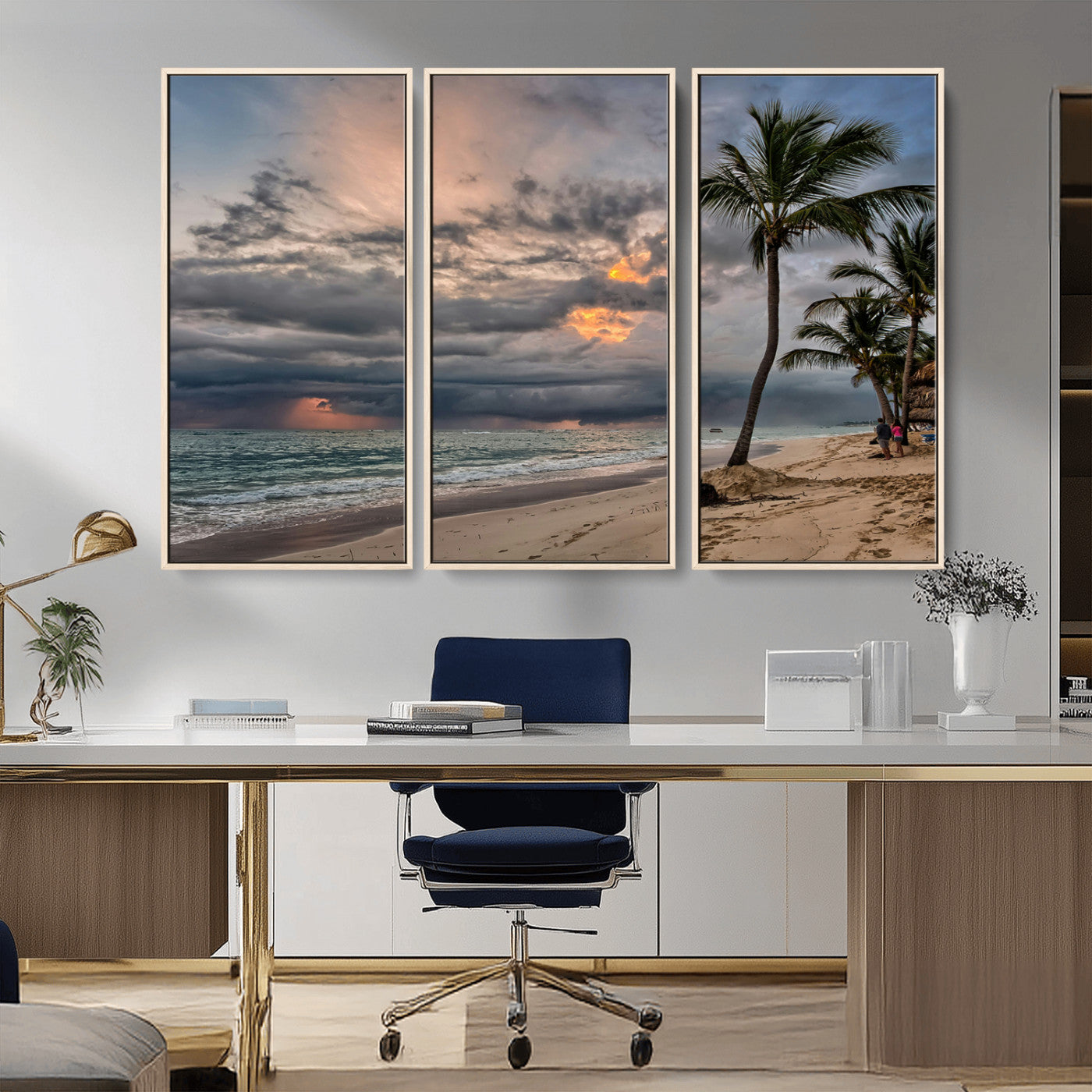 62574547-MGV-FC-48X32-3P_Natural-Tropical Storm Wall Art Canvas Print, Framed Moody Beach Art Picture Print, Dramatic Sky Perfect Tropical Coastal Decor Artwork