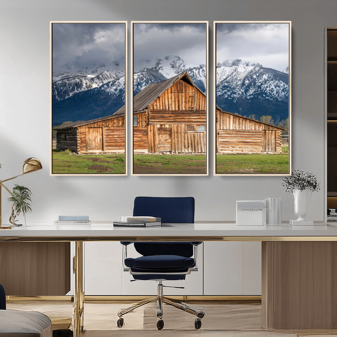 15173627-MGV-CV-36X24-Barn Wall Art – Rustic Wooden Cabin Canvas Print with Snowy Mountain Landscape, Western Farmhouse Country Decor for Living Room,