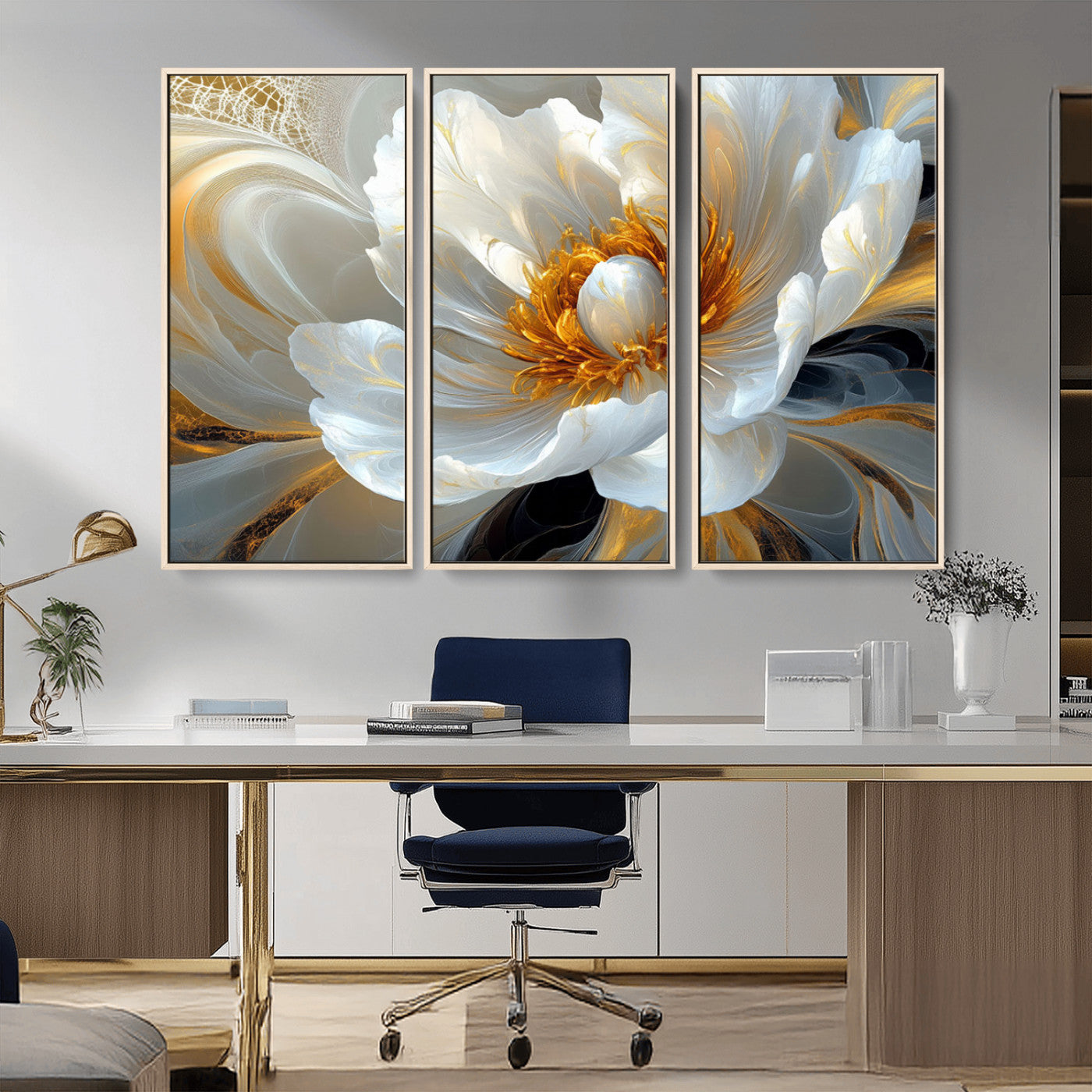 39604126-MGV-FC-48X32-3P_Natural-Abstract Flower Wall Art – Elegant White and Gold Bloom Canvas Print, Modern Floral Artwork for Bedroom, Living Room, or Office