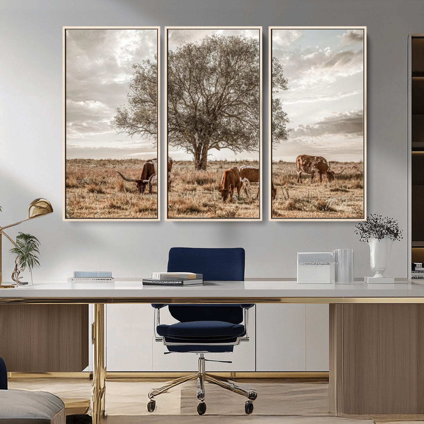 87590224-MGV-CV-36X24-Longhorn Cattle Wall Art – Rustic Western Landscape Canvas Print, Texas Farmhouse Prairie Scene for Living Room, Office, or Ranch