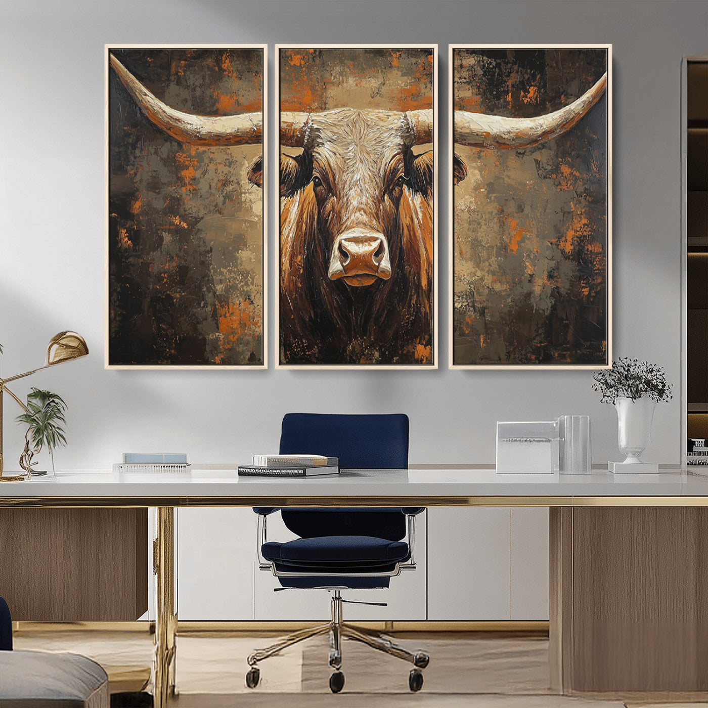19204445-MGV-CV-36X24-Texas Longhorn Bull Wall Art – Rustic Western Canvas Print, Bold Cowboy Cattle Painting for Ranch House, Farmhouse, Office, or