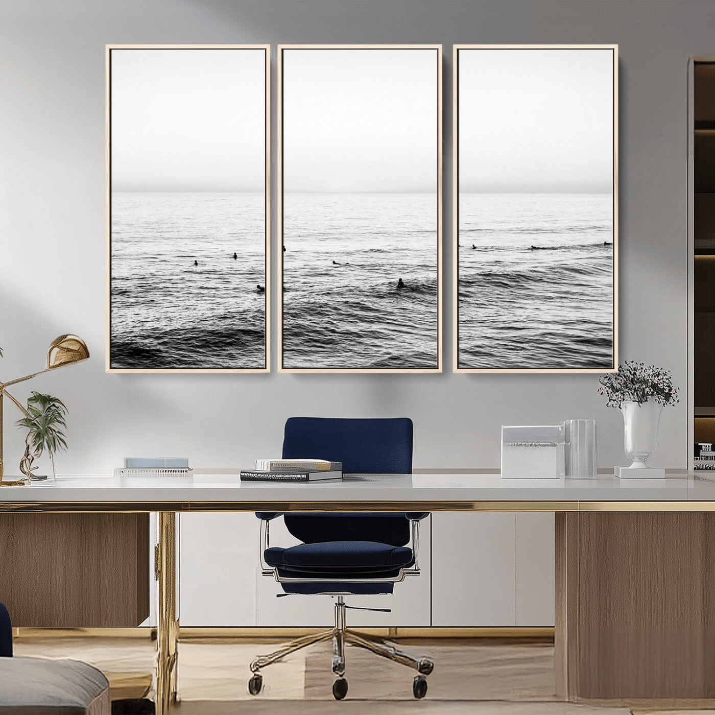 47208268-MGV-FC-48X32-3P_Natural-Surfer Ocean Wall Art – Black and White Coastal Canvas Print, Minimalist Surfing Seascape Decor for Living Room, Bedroom, or Beach