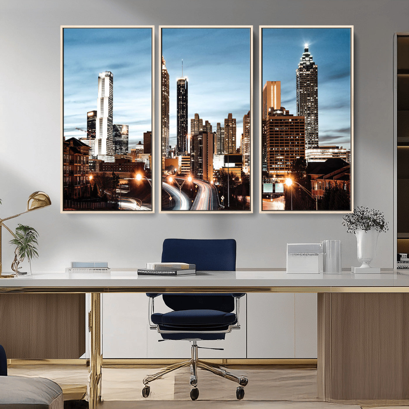 23859158-MGV-CV-36X24-Atlanta Skyline Wall Art – Modern Cityscape Canvas Print with Night Lights and Traffic Trails, Urban Decor for Office, Apartment,