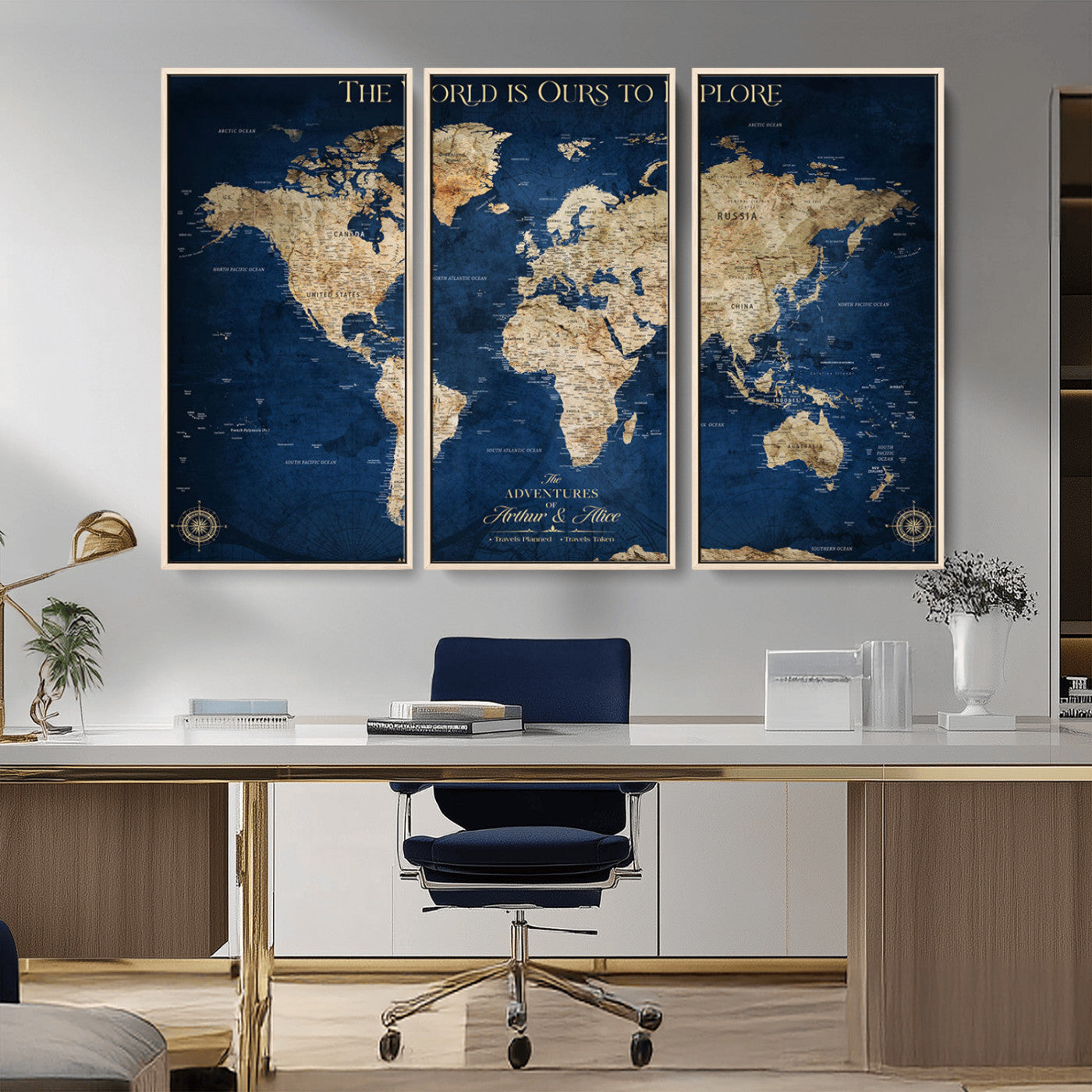 54782997-MGV-CV-36X24-The World is Ours to Explore Wall Art – Blue World Map Canvas Print, Adventure Travel Decor for Home, Office or Living Room,