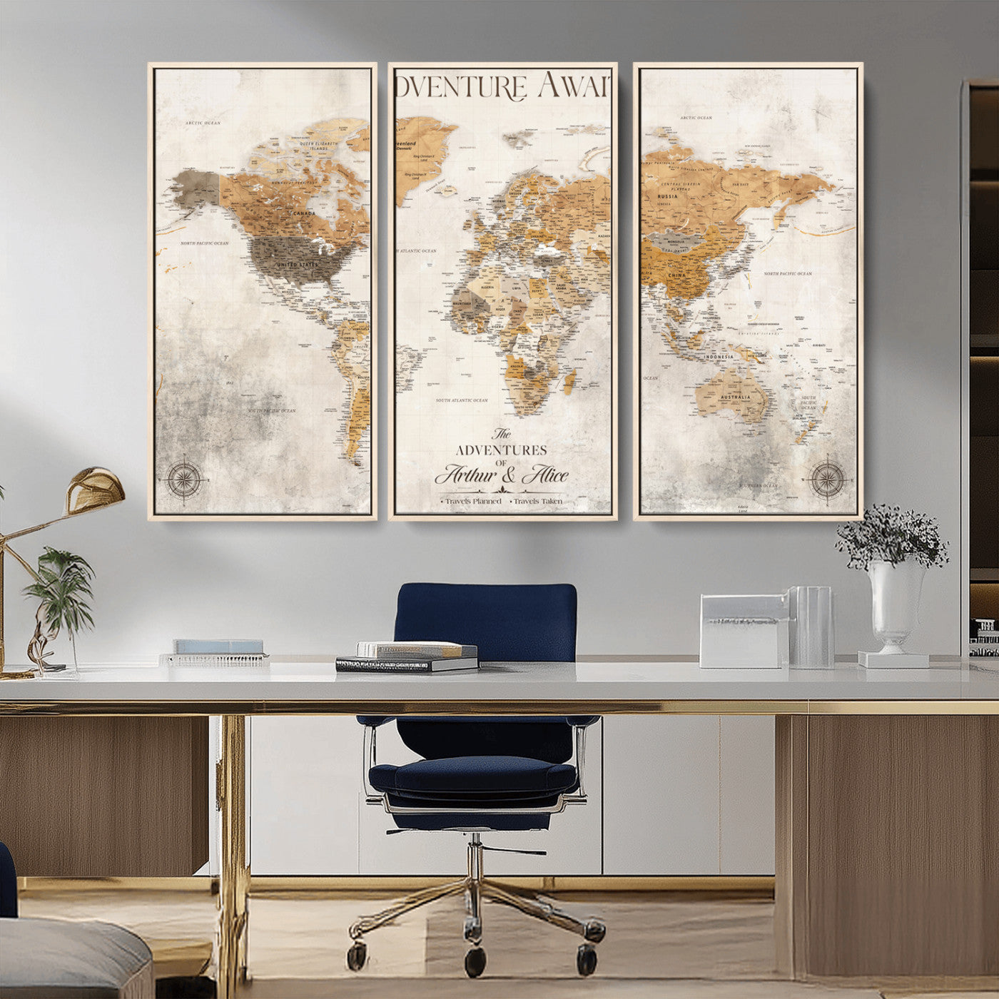 99422096-MGV-CV-36X24-Adventure Awaits World Map Wall Art – Neutral Beige Canvas Print, Modern Travel Inspired Wall Decor for Living Room, Bedroom or