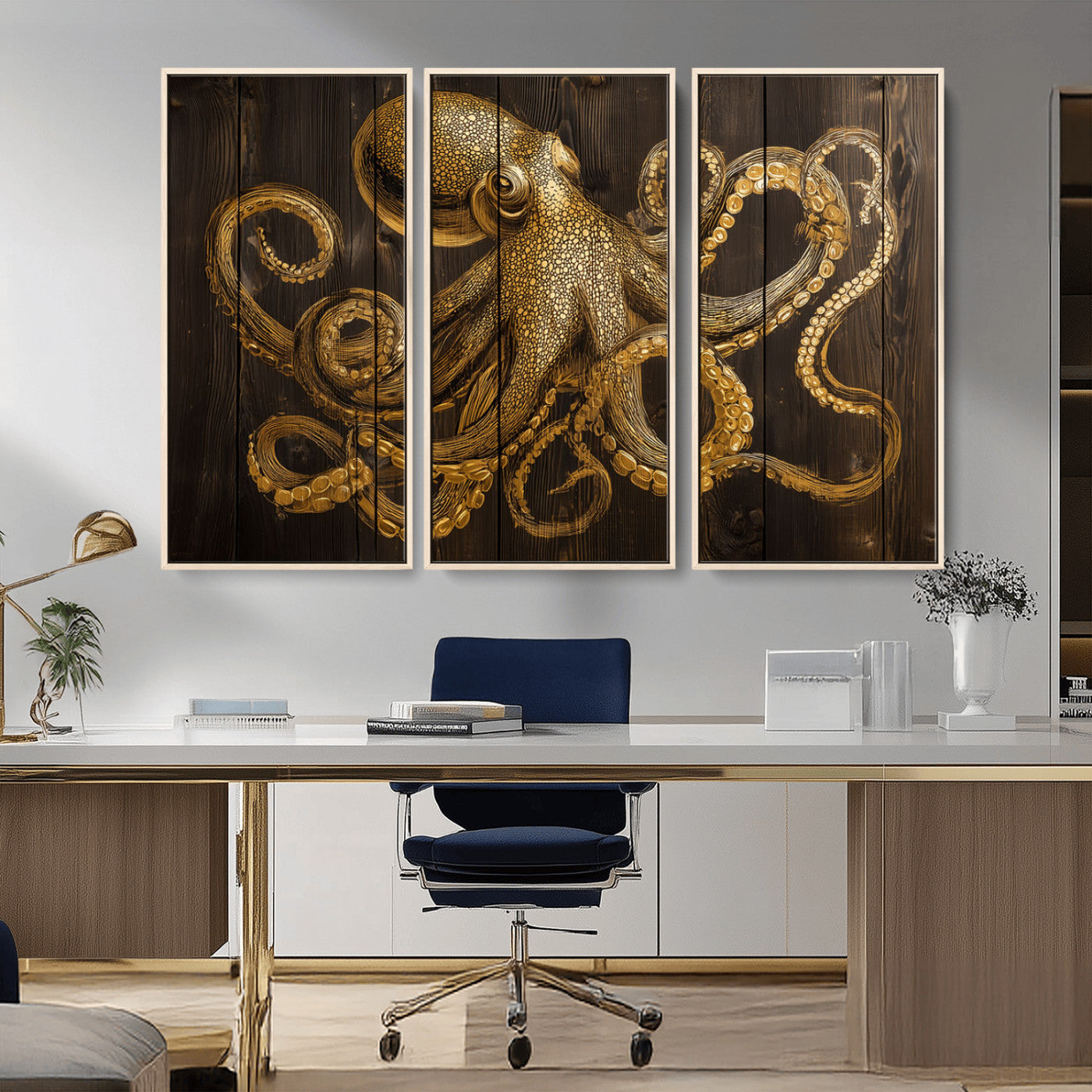 56769669-MGV-CV-36X24-Octopus Wall Art – Gold Nautical Canvas Print with Rustic Wood Panel Design, Detailed Marine Artwork for Coastal Ocean Decoration