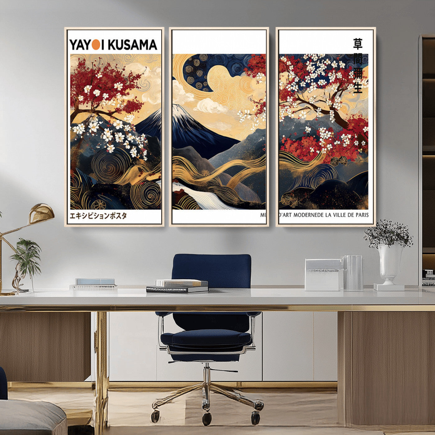 28945903-MGV-CV-36X24-Yayoi Kusama Inspired Japanese Art Canvas Print – Framed Floral & Mt. Fuji Wall Decor, Modern Asian Style Canvas for Home, Office,