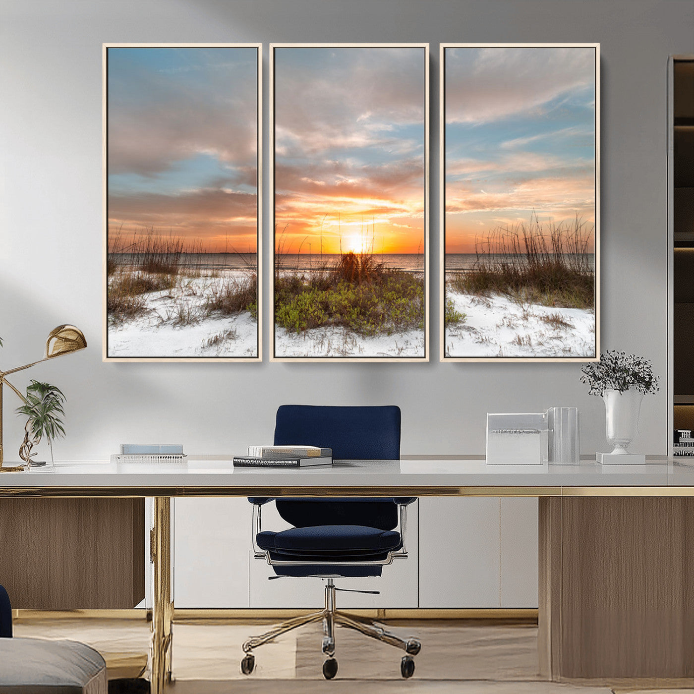 58266230-MGV-CV-36X24-Beach Sunset Wall Art – Coastal Canvas Print with Sandy Dunes, Sea Grass and Golden Sky, Serene Ocean Landscape Photography for