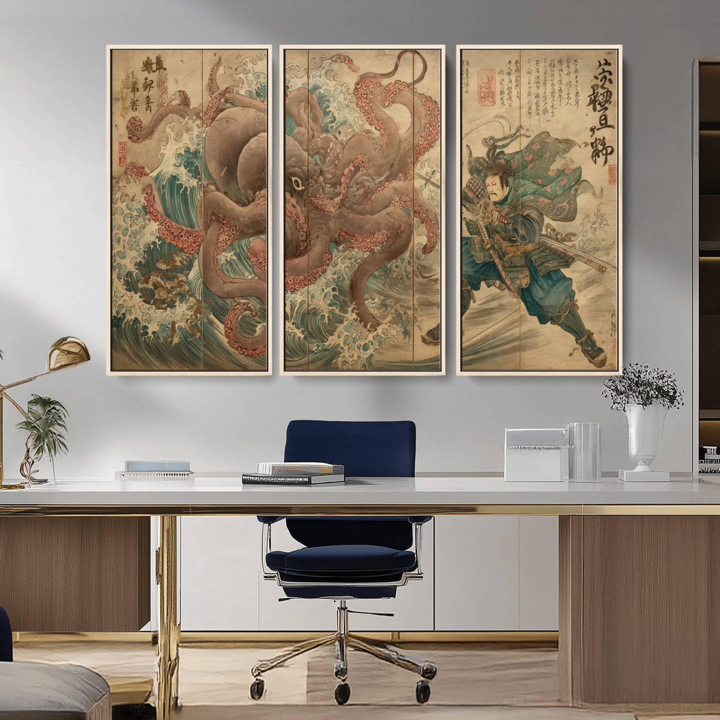63782167-MGV-CV-36X24-Tsukioka Yoshitoshi Samurai Wall Art Print, Japanese Katana Warrior Canvas Wall Art, Octopus Sea Monster Canvas Print,