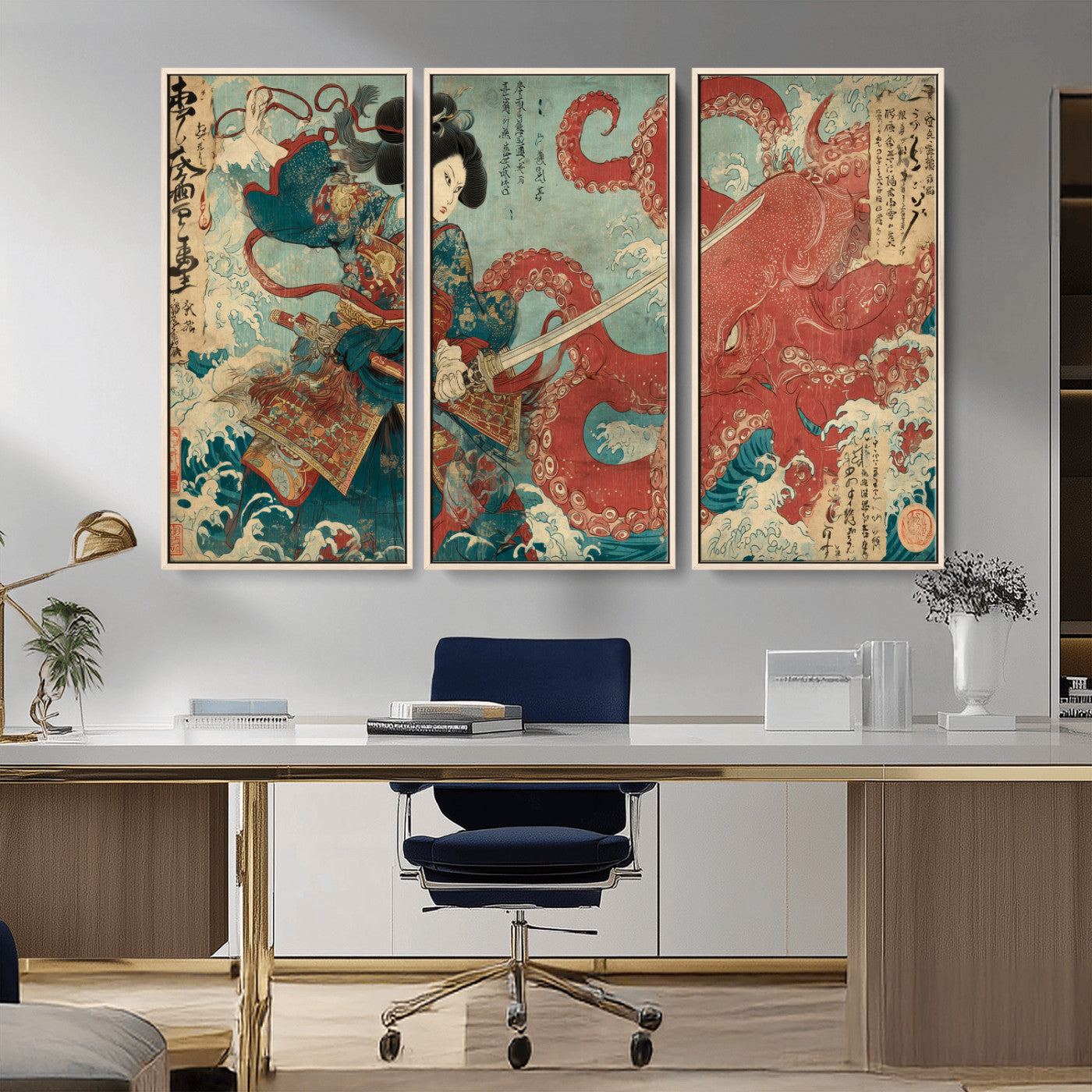 68844327-MGV-CV-36X24-Tsukioka Yoshitoshi Samurai Wall Art Print, Japanese Katana Warrior Canvas Wall Art, Octopus Sea Monster Canvas Print,