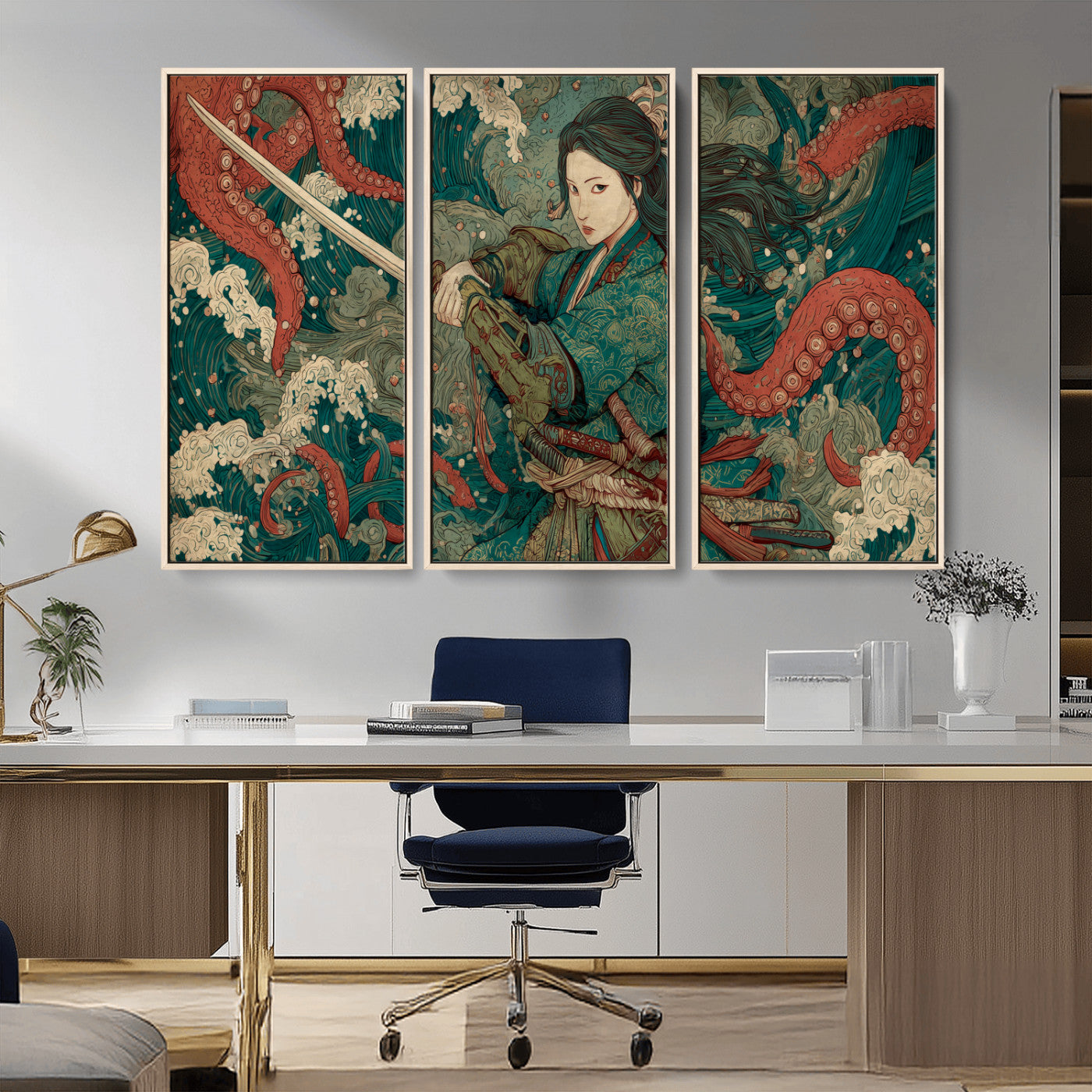35461724-MGV-FC-48X32-3P_Natural-Samurai Woman vs Octopus Wall Art – Japanese Ukiyo-e Ocean Waves Canvas Print, Red Tentacle Battle Artwork for Living Room,