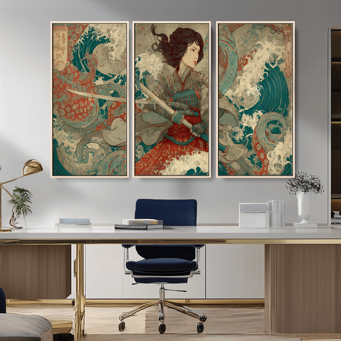 37797255-MGV-CV-36X24-Samurai Woman vs Octopus Wall Art – Japanese Ukiyo-e Red Armor Ocean Battle Canvas Print, Warrior Artwork for Living Room, Office,