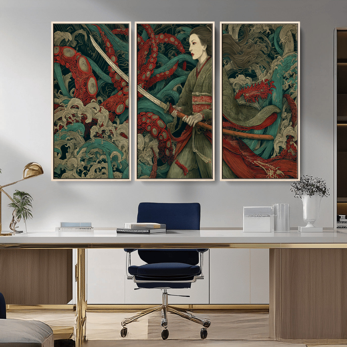 18902796-MGV-CV-36X24-Samurai Woman vs Octopus Wall Art – Japanese Ukiyo-e Green Kimono Canvas Print, Ocean Battle Scene Artwork for Living Room,