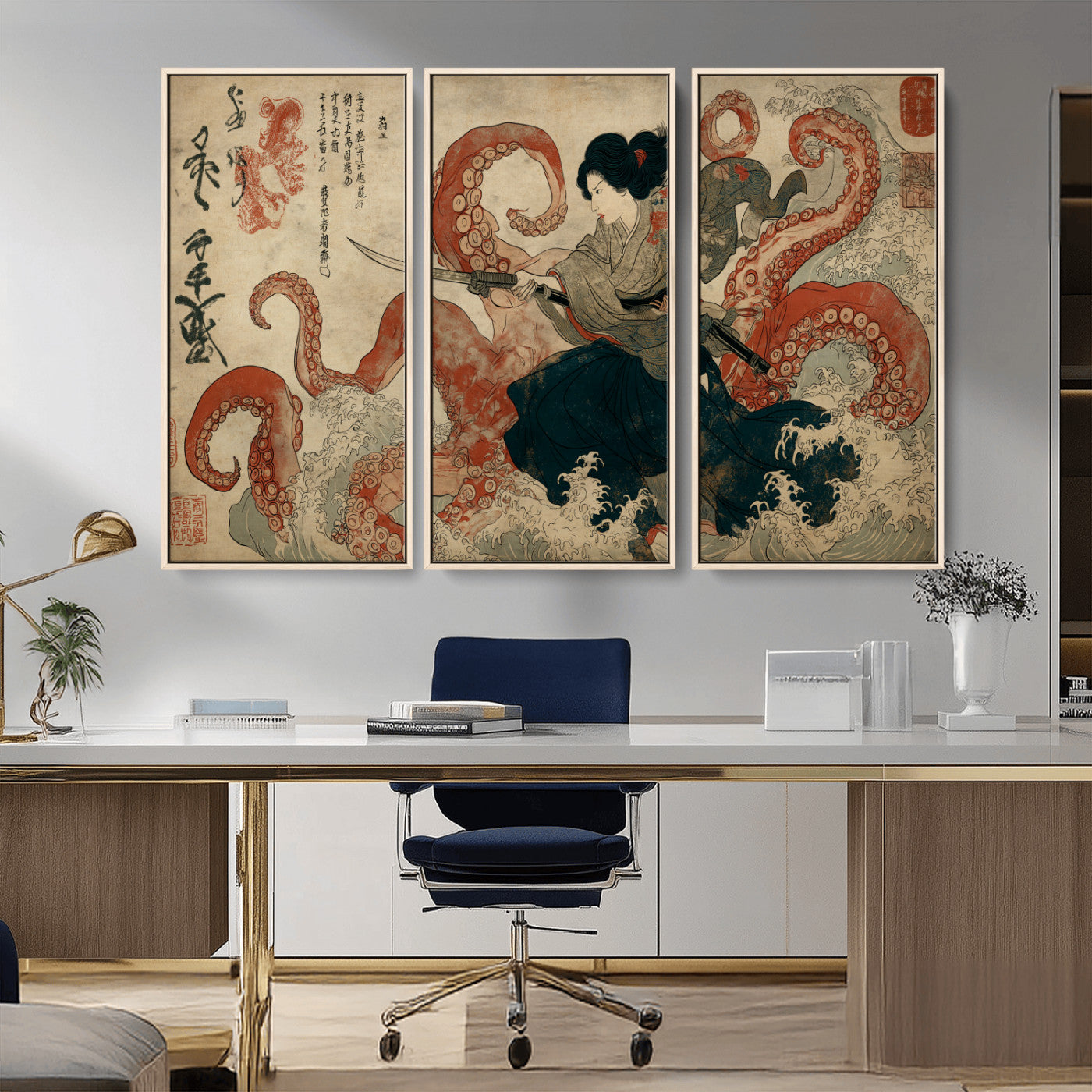 82737246-MGV-CV-36X24-Samurai Woman vs Octopus Wall Art – Japanese Ukiyo-e Dual Sword Canvas Print, Red Tentacle Ocean Battle Artwork for Living Room,