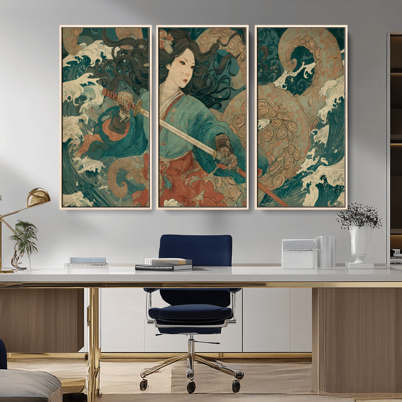 79740258-MGV-CV-36X24-Tsukioka Yoshitoshi Samurai Wall Art Print, Japanese Katana Warrior Canvas Wall Art, Octopus Sea Monster Canvas Print,