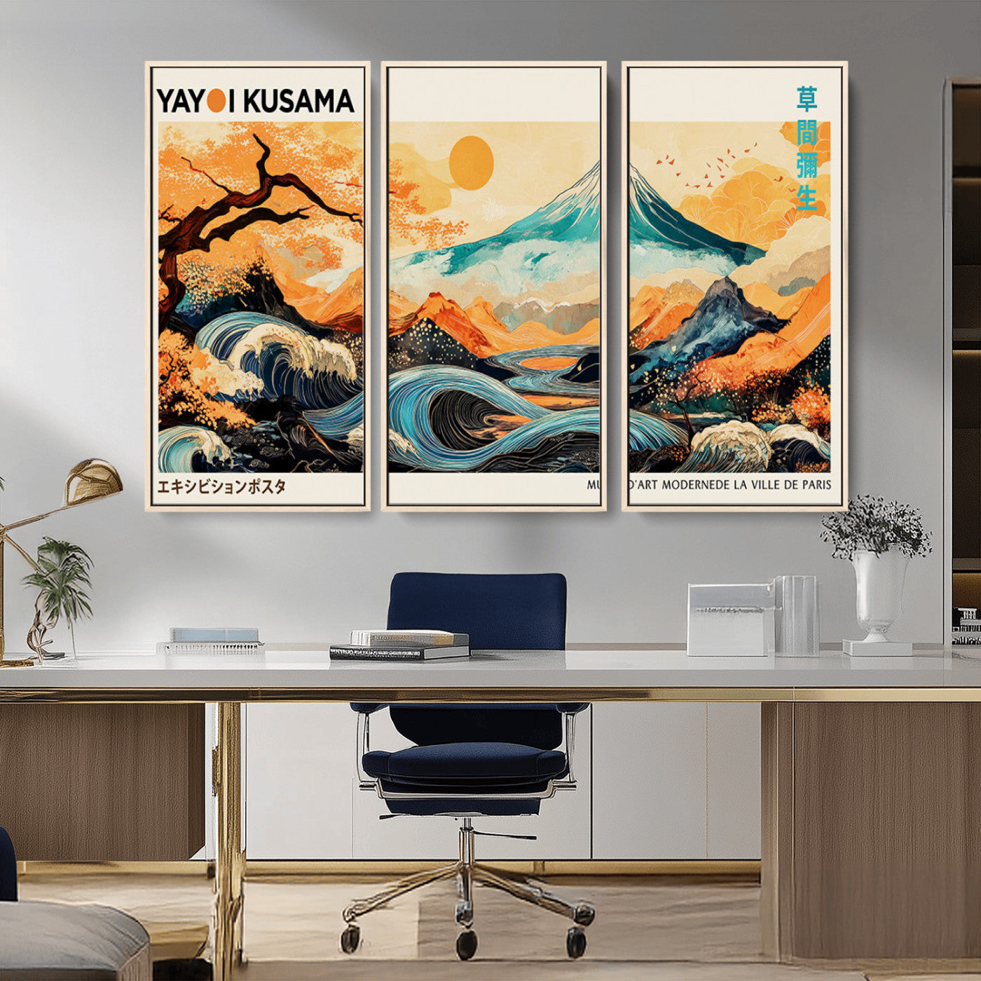 94085549-MGV-CV-36X24-Yayoi Kusama Inspired Japanese Landscape Art Print – Vibrant Mount Fuji, Waves & Autumn Trees, Modern Decorative Poster for