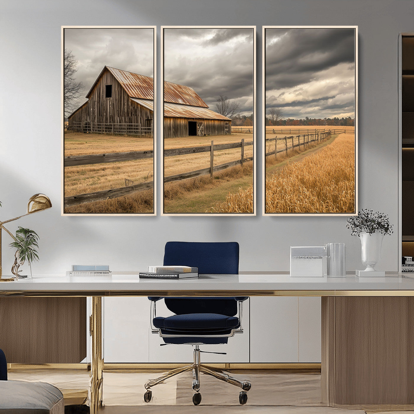 21991117-MGV-CV-36X24-Rustic Barn Wall Art – Weathered Farmhouse Canvas Print, Stormy Sky and Golden Field Photography Decor for Bedroom, Living Room,