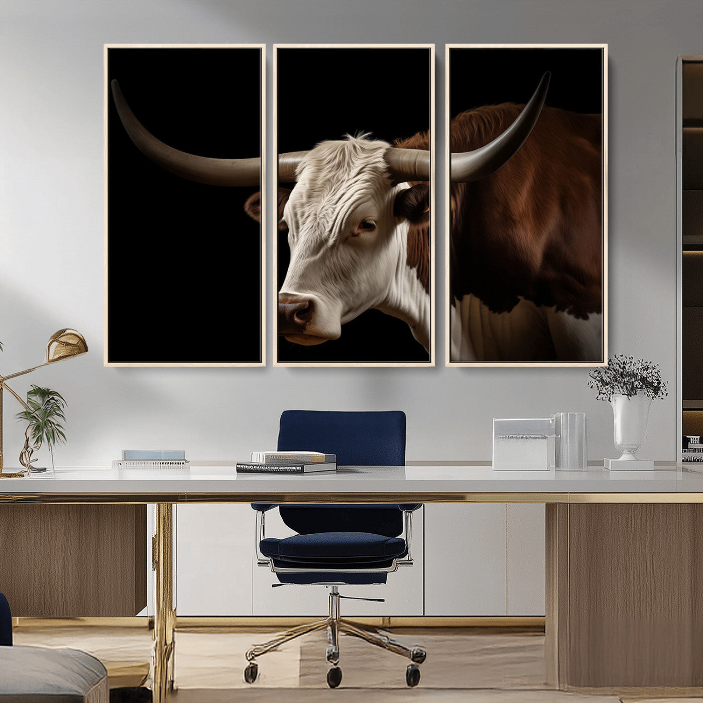 27414857-MGV-FC-48X32-3P_Natural-Longhorn Bull Wall Art – Dramatic Western Steer Portrait Canvas Print, Rustic Farmhouse Animal Decor for Living Room, Office, or