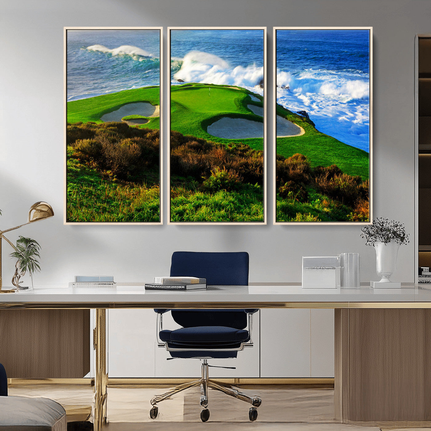 34181847-MGV-CV-36X24-Coastal Golf Course Wall Art – Panoramic Ocean Fairway Canvas Print, Scenic Sports Photography Decor for Office, Man Cave, Living