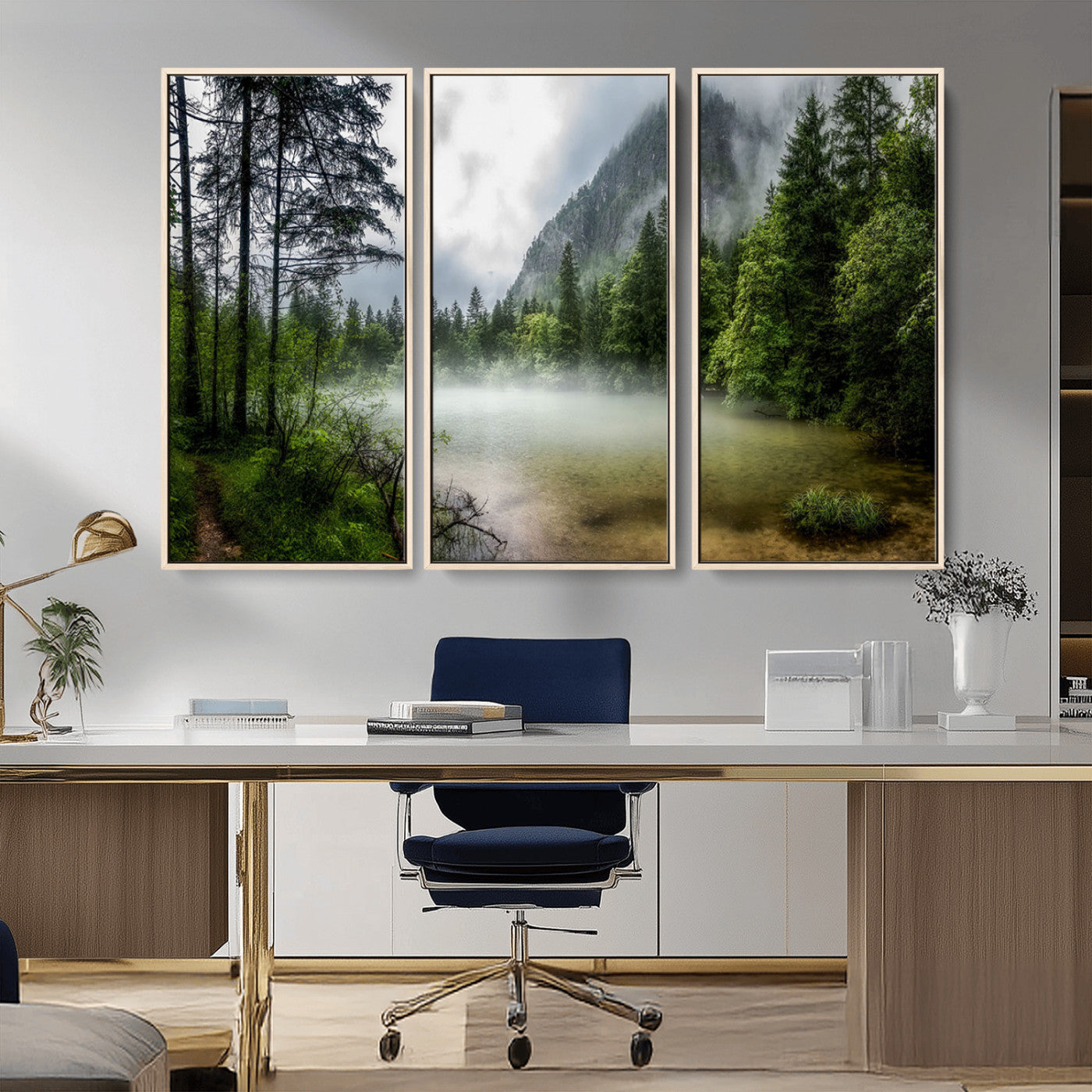 93123937-MGV-CV-36X24-Landscape Wall Art – Misty Mountain Lake Canvas Print, Tranquil Forest and Waterfall Photography Decor for Bedroom, Living Room,