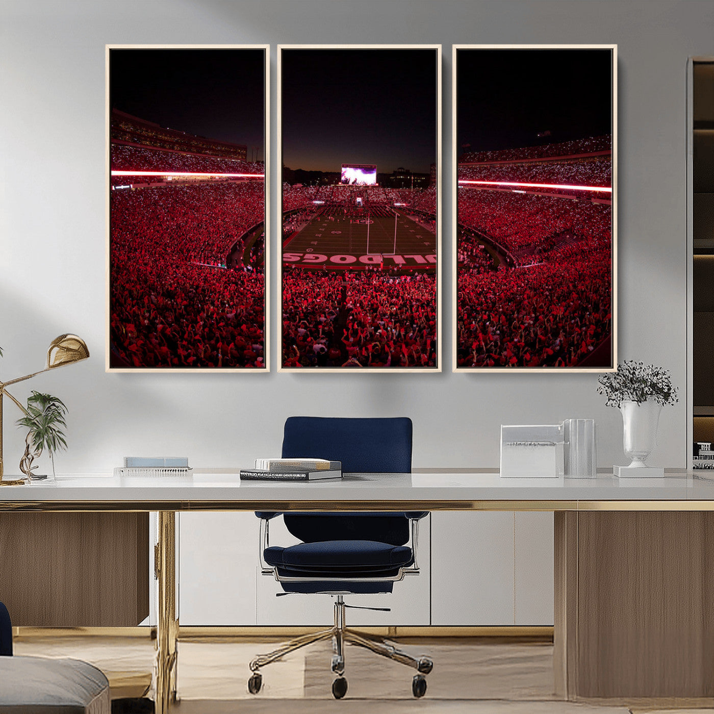 38331045-MGV-FC-48X32-3P_Natural-Sanford Stadium Wall Art – Georgia Bulldogs Football Red Night Game Canvas Print, Electric College Sports Decor for Man Cave or
