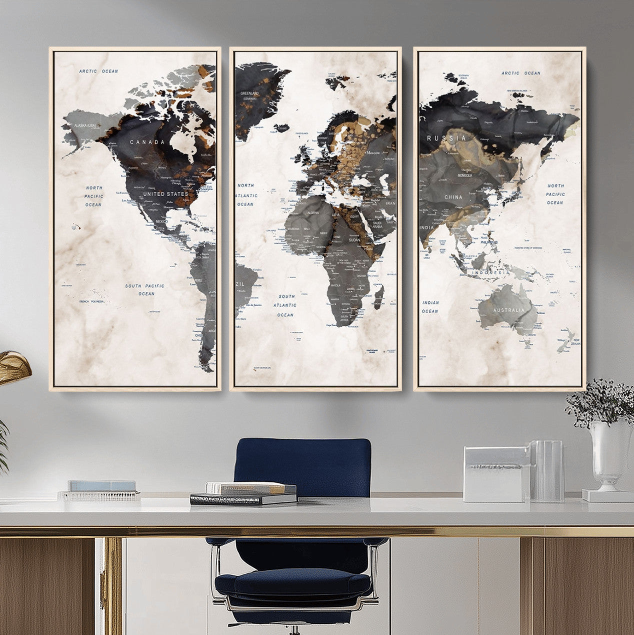 MGV-FC-48X32-3P - World Map Wall Art Canvas Print, Framed Rustic Map Art Picture Print, Antique Map Perfect Rustic Explorer Decor Artwork
