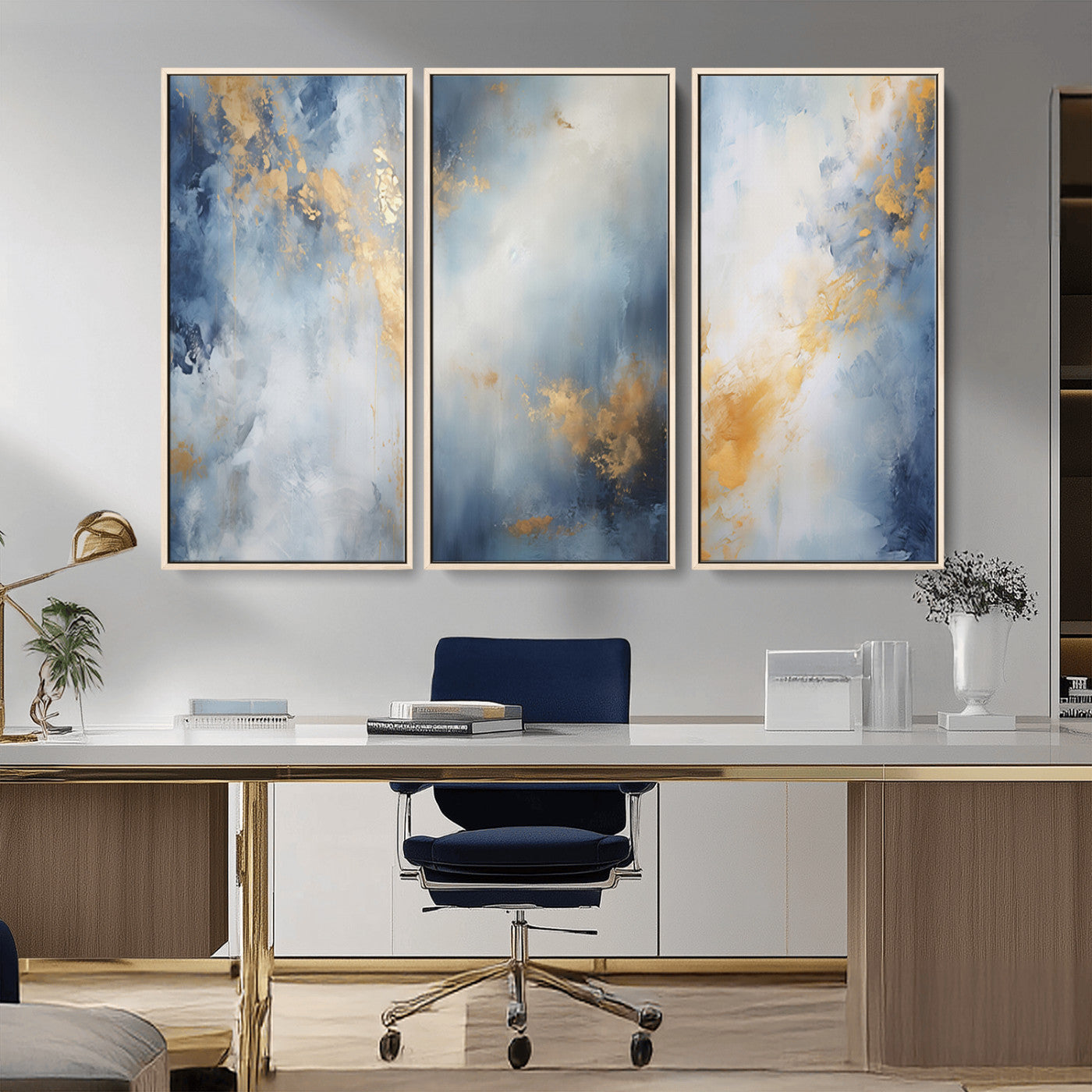 41836-MGV-CV-36X24-Abstract Gold Wall Art Canvas Print, Framed Blue Layers Art Picture Print, Elegant Cloud Perfect Elegant Minimalist Decor Artwork