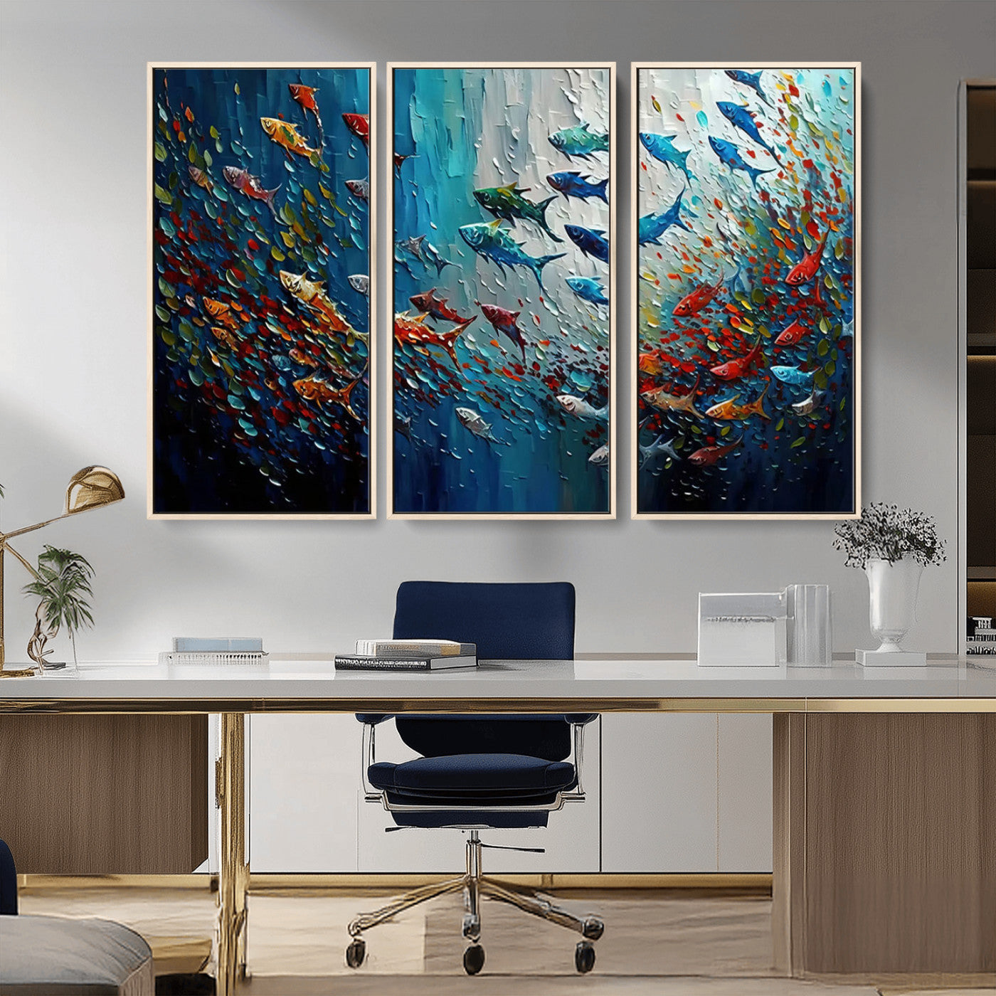 89626-MGV-CV-36X24-Fish Swarm Wall Art Canvas Print, Framed Abstract Ocean Art Picture Print, Underwater Life Perfect Vibrant Coastal Decor Artwork