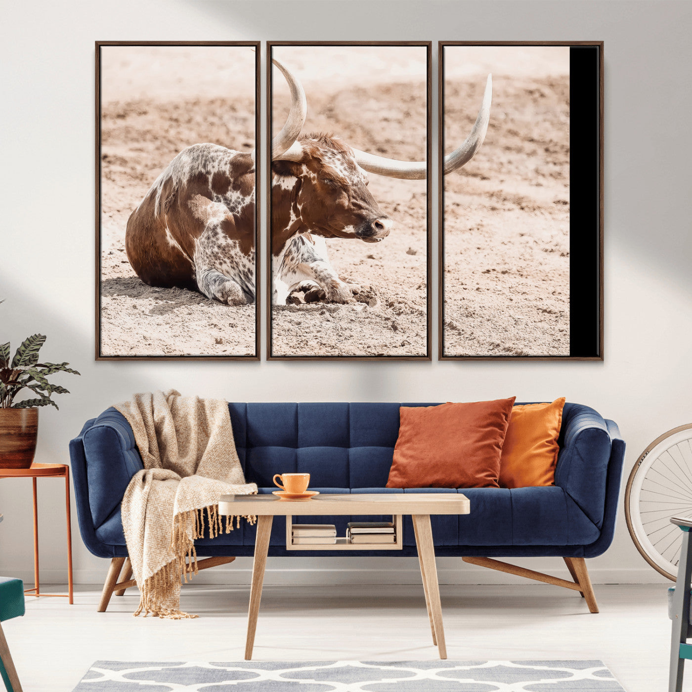 25407592-MGV-CV-36X24-Texas Longhorn Wall Art Canvas Print, Framed Resting Bull Art Picture Print, Spotted Cattle Perfect Rustic Western Decor Artwork