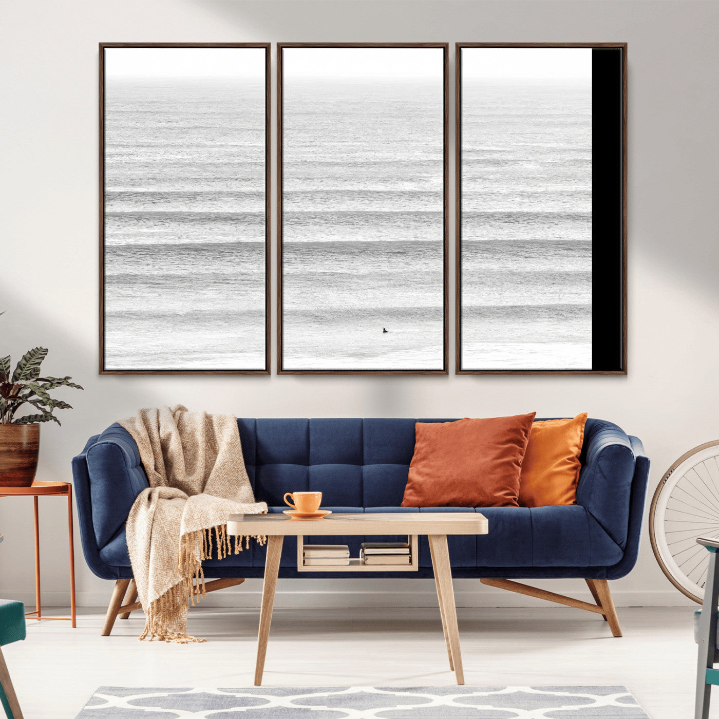 66534476-MGV-CV-36X24-Lone Surfer Wall Art Canvas Print, Framed Ocean Waves Art Picture Print, Minimal Sea Perfect Minimal Coastal Decor Artwork