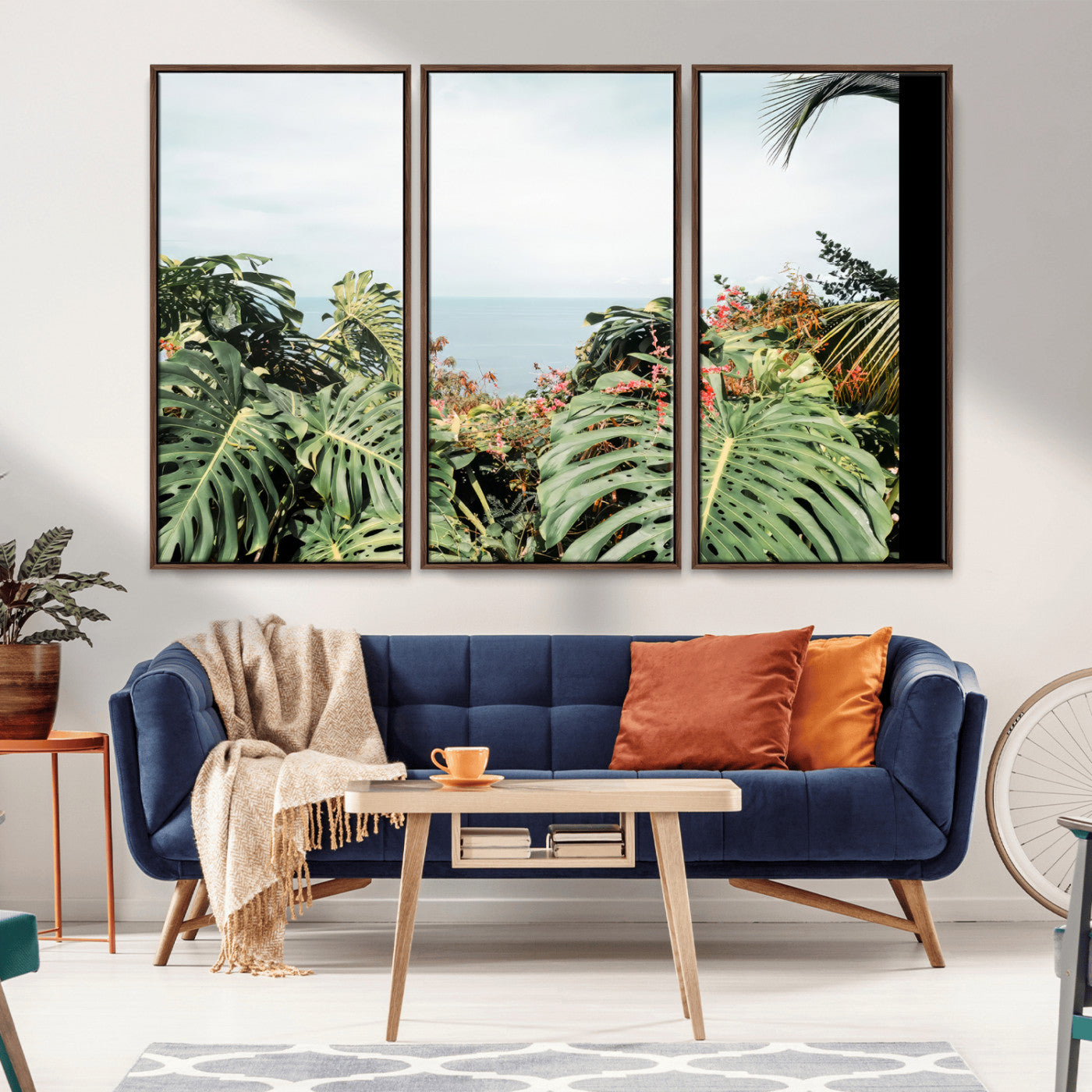 45700479-MGV-CV-36X24-Monstera Leaves Wall Art Canvas Print, Framed Tropical Ocean Art Picture Print, Tropical Foliage Perfect Tropical Coastal Jungle