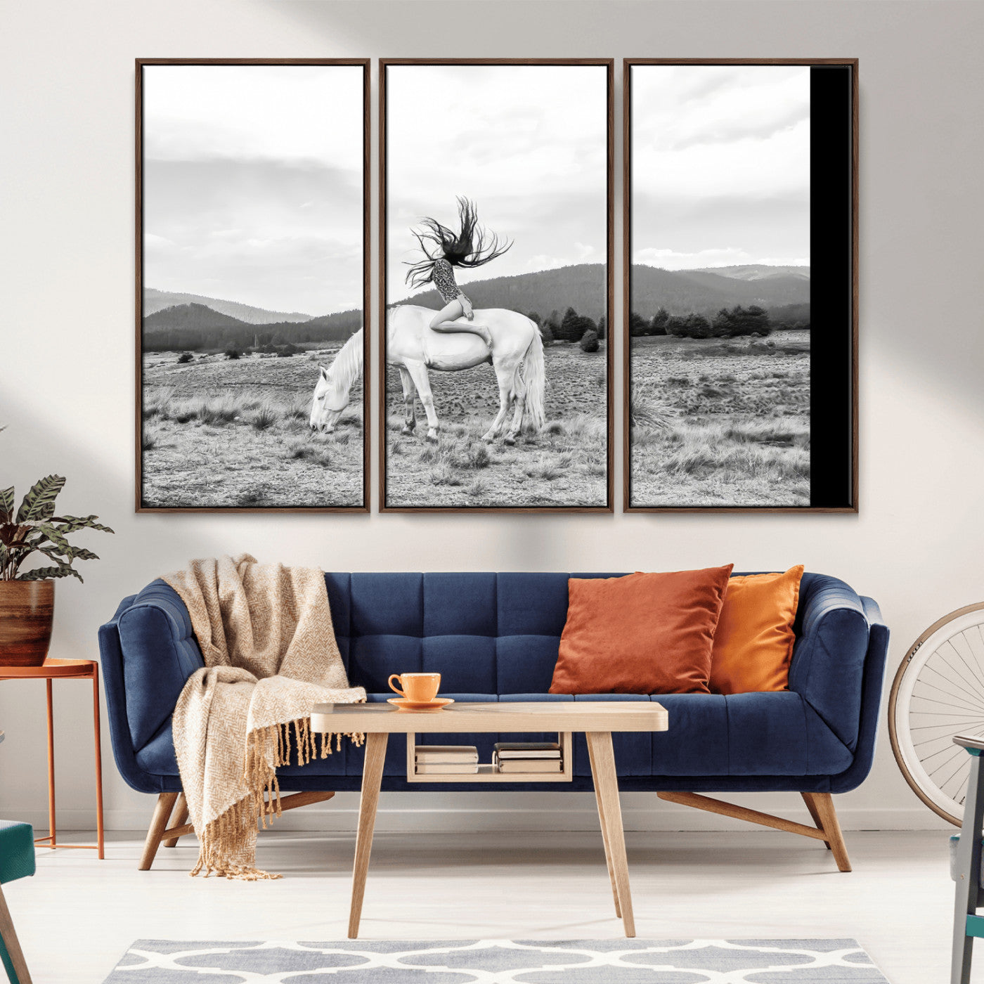 62789800-MGV-CV-36X24-White Horse Wall Art Canvas Print, Framed Woman Rider Art Picture Print, Equestrian Pose Perfect Western Boho Decor Artwork