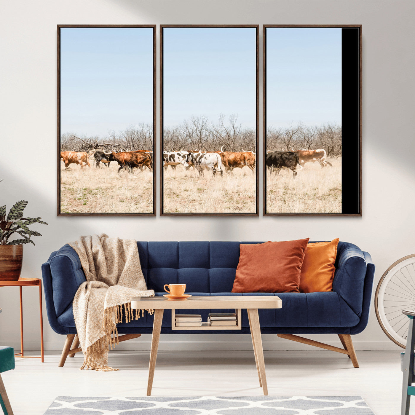16563092-MGV-CV-36X24-Texas Longhorns Wall Art Canvas Print, Framed Western Cattles Art Picture Print, Rustic Herd Perfect Rustic Farmhouse Decor