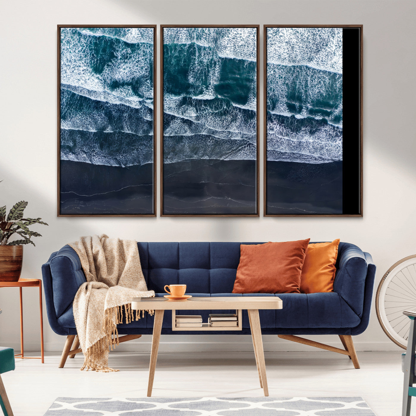 87941475-MGV-CV-36X24-Black Beach Wall Art Canvas Print, Framed Aerial Ocean Art Picture Print, Moody Coastal Perfect Modern Coastal Decor Artwork