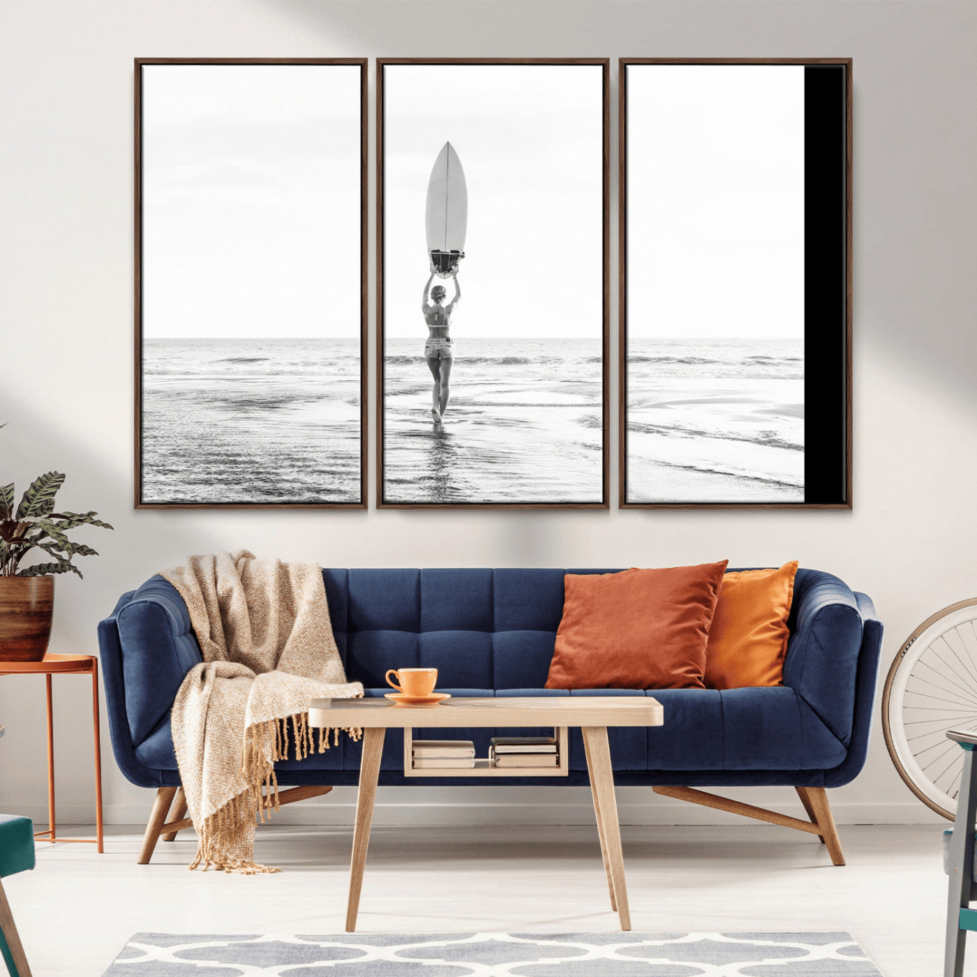 98446901-MGV-CV-36X24-Monochrome Surf Wall Art Canvas Print, Framed Minimalist Surfer Art Picture Print, Surfboard Silhouette Perfect Coastal Minimalist