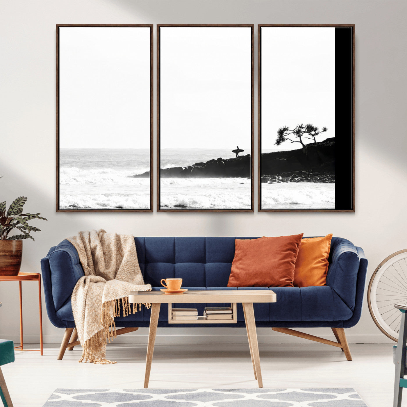 40875891-MGV-CV-36X24-SurferCliffs Wall Art Canvas Print, Framed Black White Beach Art Picture Print, Ocean Waves Perfect Minimalist Coastal Decor