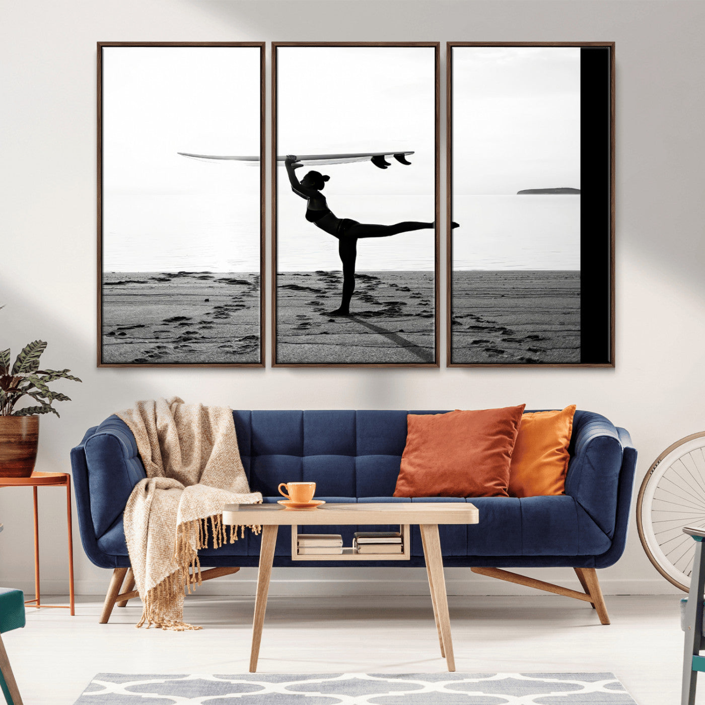 28441356-MGV-CV-36X24-Yoga Surf Wall Art Canvas Print, Framed Black White Shore Art Picture Print, Peaceful Ocean Perfect Minimalist Coastal Decor