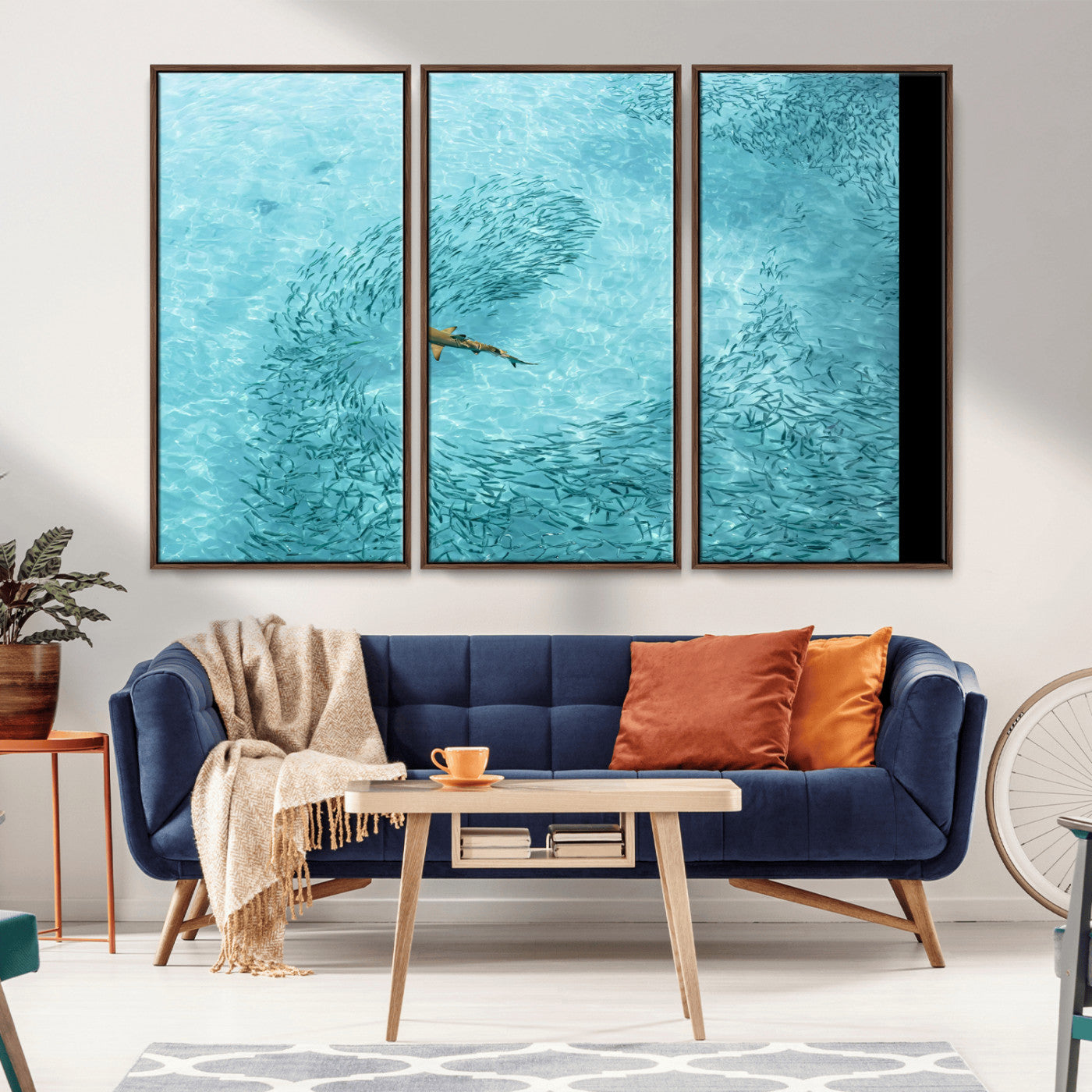 43671474-MGV-CV-36X24-Fish Swarm Wall Art Canvas Print, Framed Marine Life Art Picture Print, Shark Aerial Perfect Wildlife Coastal Decor Artwork