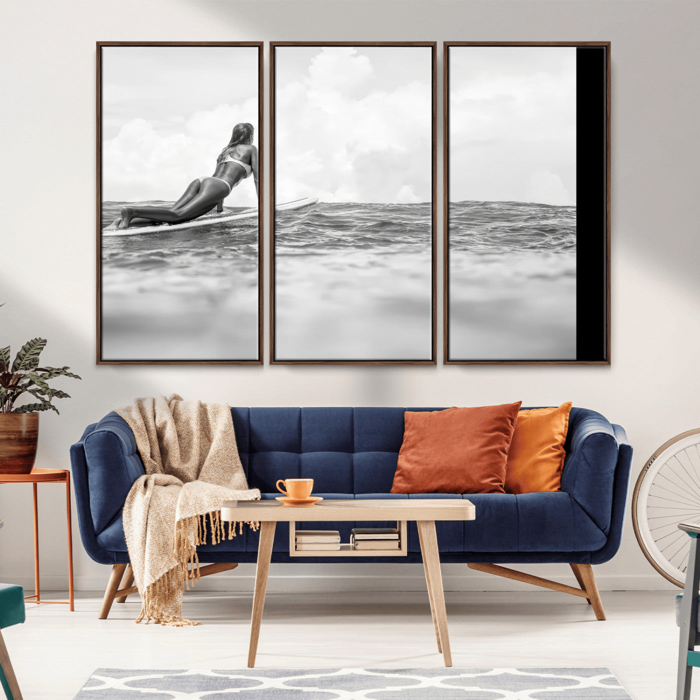 69798068-MGV-CV-36X24-Black White Surfing Wall Art Canvas Print, Framed Ocean Horizon Art Picture Print, Surfer Girl Perfect Coastal Adventure Decor