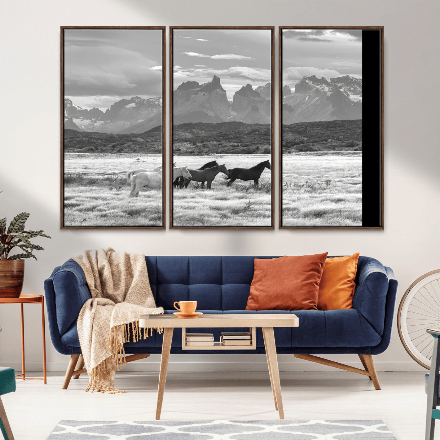 21655040-MGV-CV-36X24-Wild Horses Wall Art Canvas Print, Framed Black White Mountains Art Picture Print, Rustic Countryside Perfect Rustic Western Decor