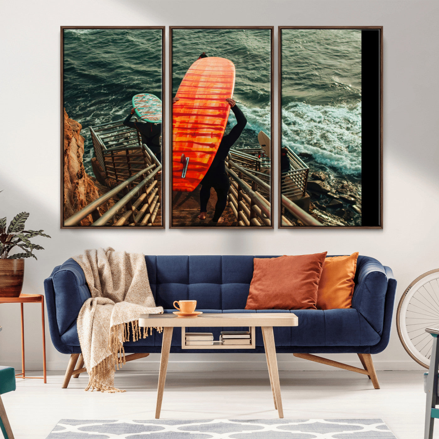 84555848-MGV-CV-36X24-Surfer Stairway Wall Art Canvas Print, Framed Ocean Surf Art Picture Print, Sunset Coastal Perfect Coastal Adventure Decor Artwork