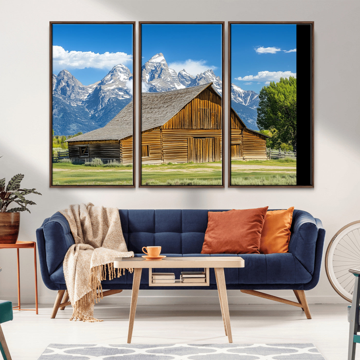 75948467-MGV-CV-36X24-Mountain Barn Scene Wall Art Canvas Print, Framed Rustic Farmhouse Style Art Picture Print, Country Cabin Decor Perfect Rustic